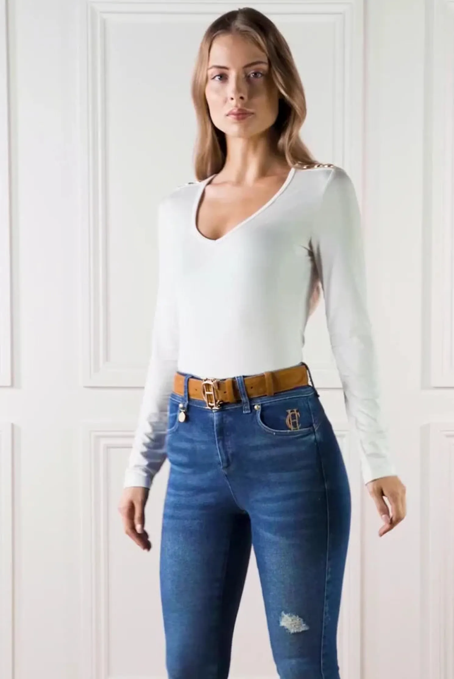 Long Sleeve V-Neck Tee (White)