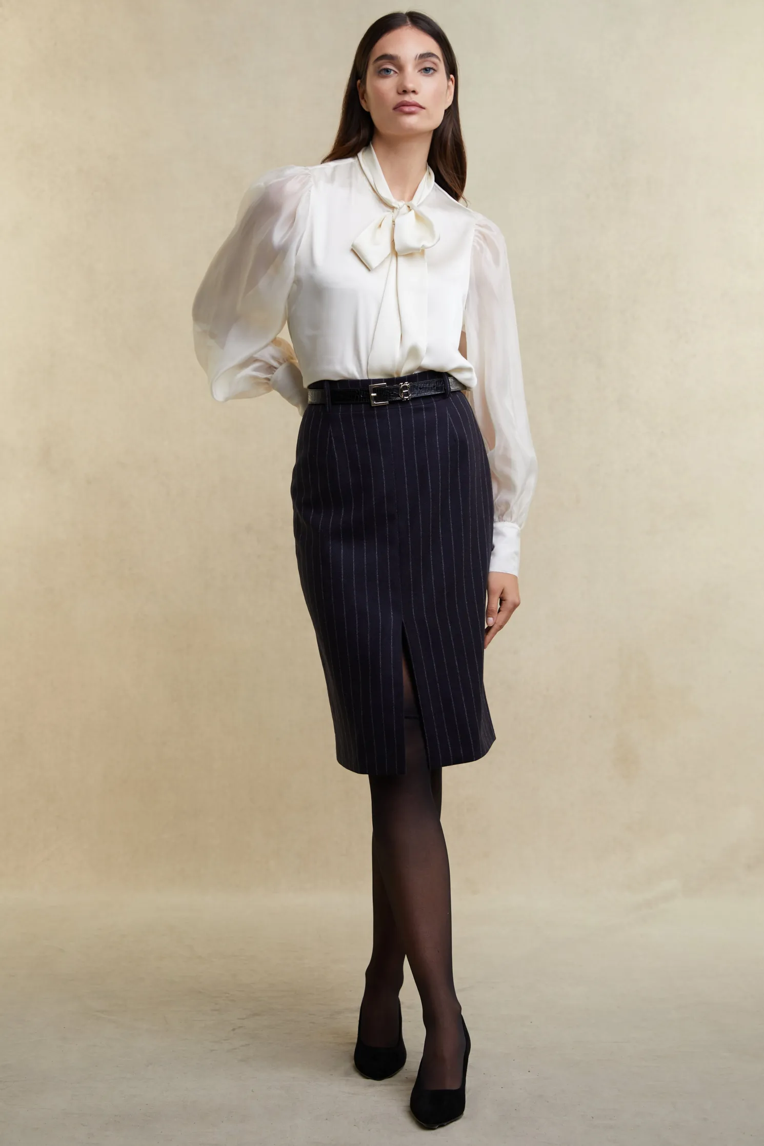 Mayfair Pencil Skirt (Navy Chalk Pinstripe)