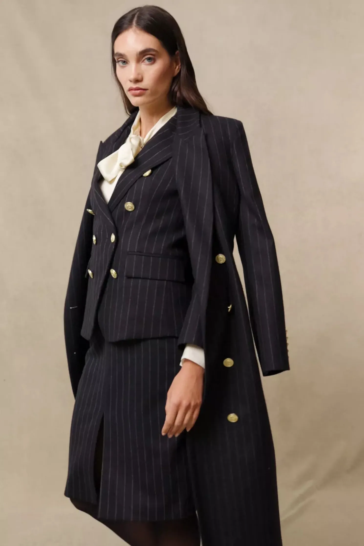 Mayfair Pencil Skirt (Navy Chalk Pinstripe)