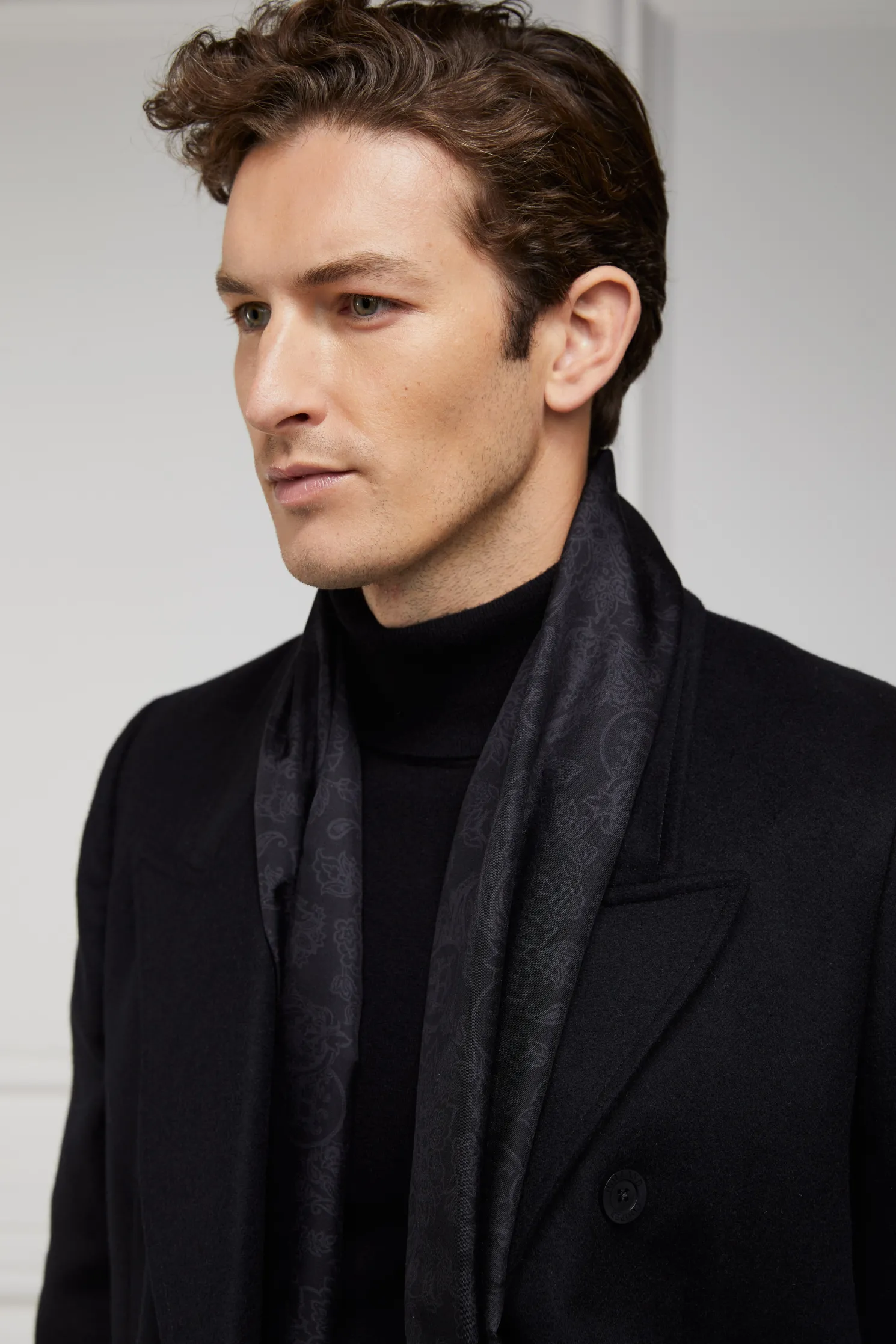 Men's Silk Scarf (Black Charcoal Paisley)