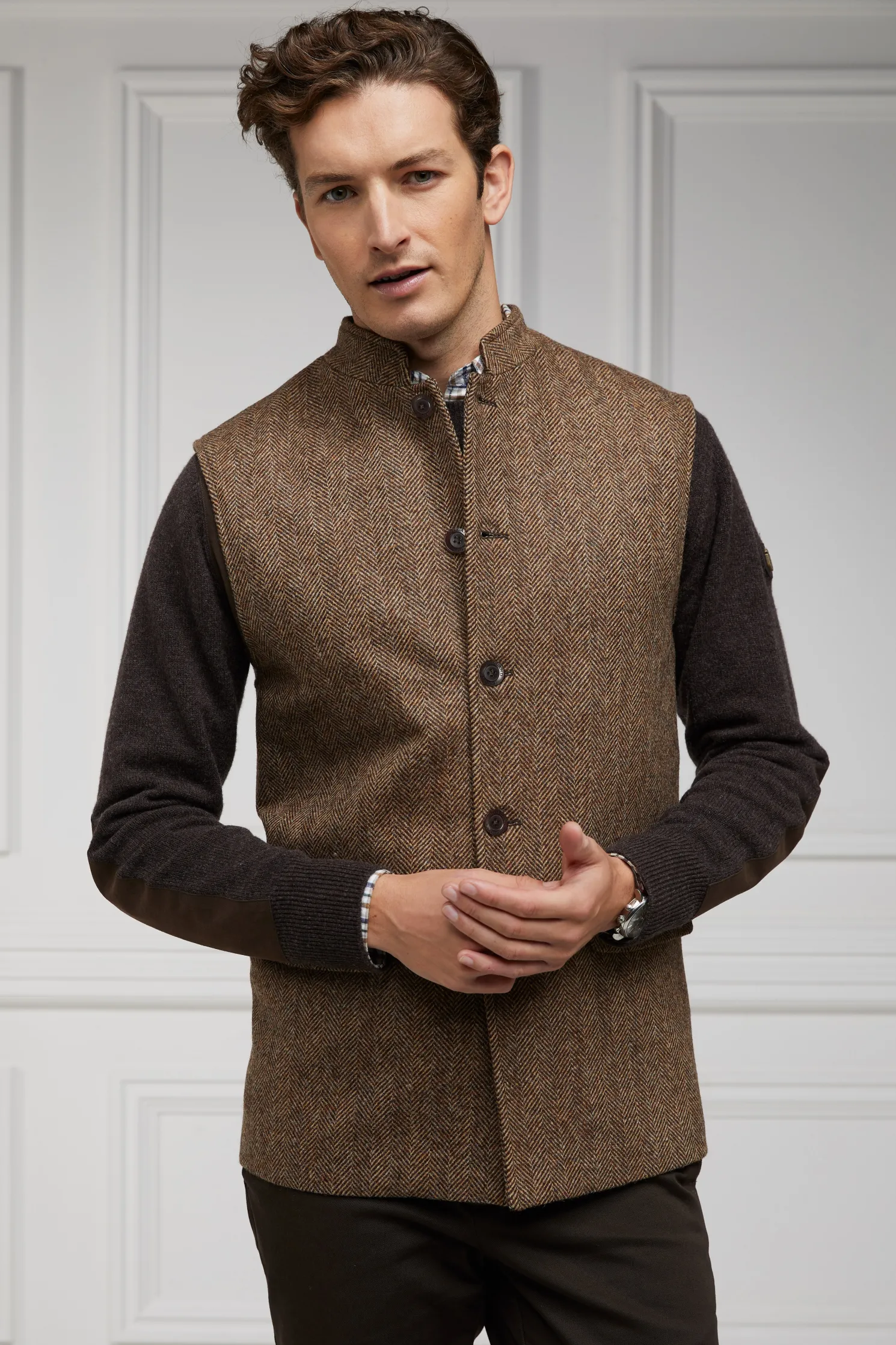 Nehru Gilet (Large Scale Brown Herringbone)