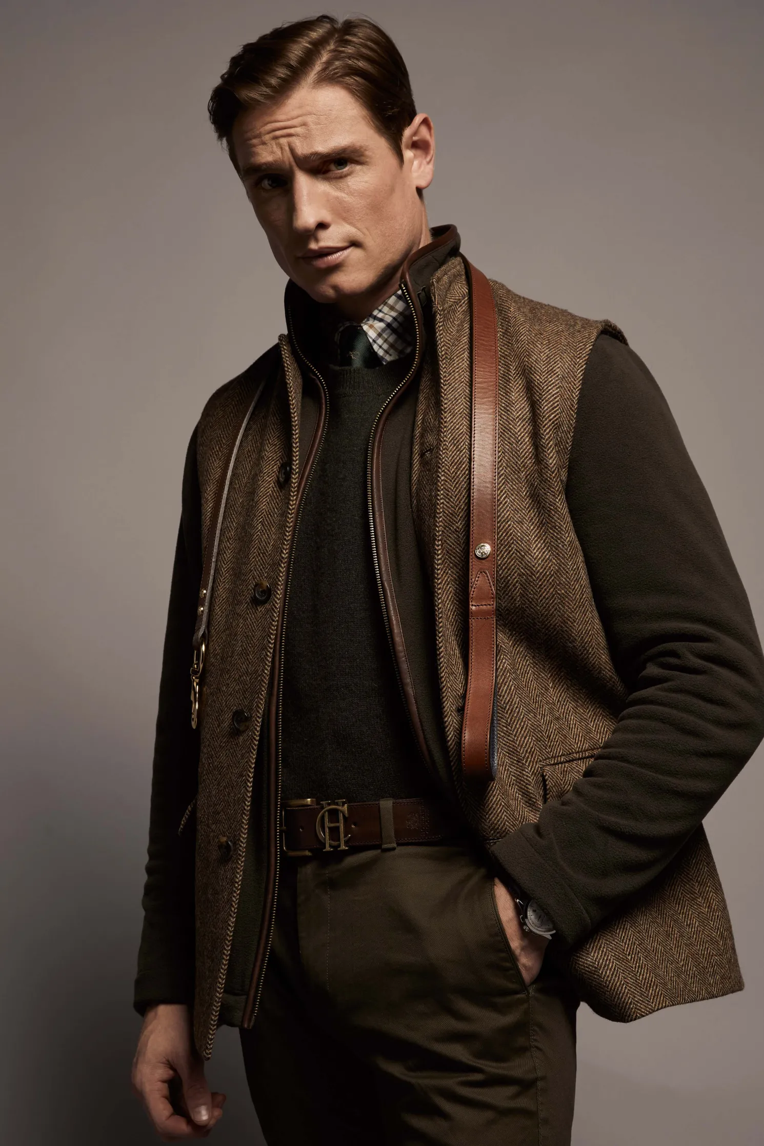 Nehru Gilet (Large Scale Brown Herringbone)