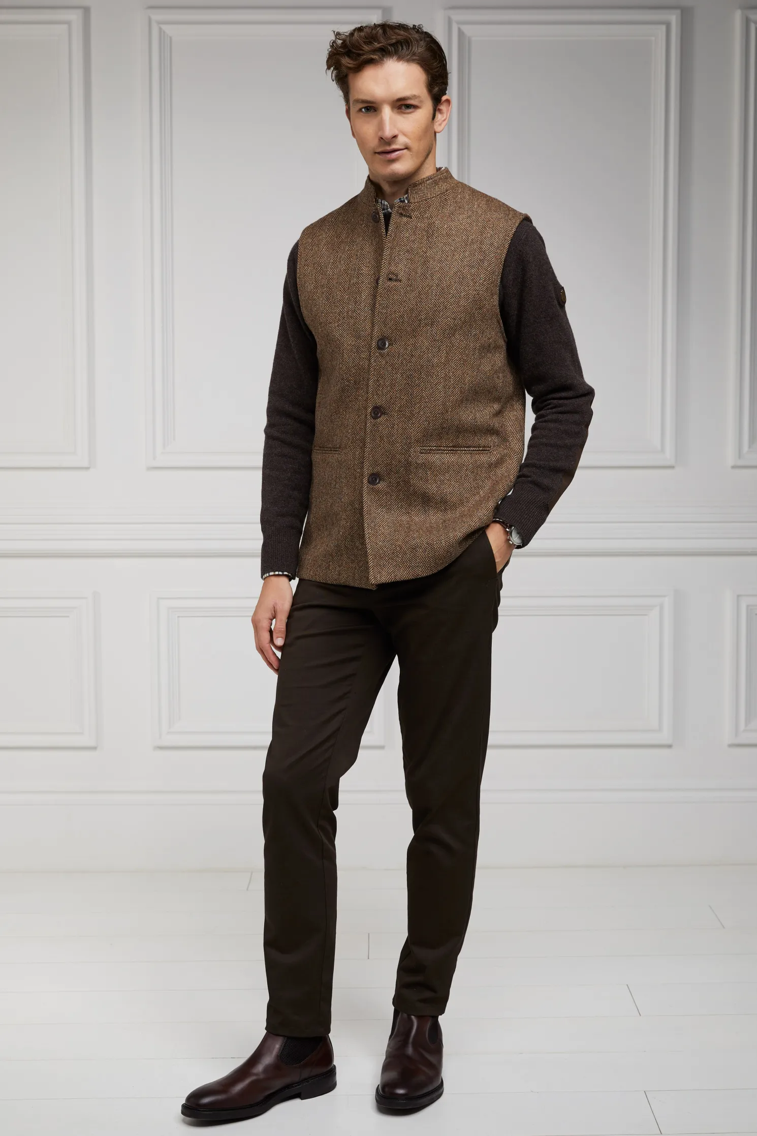 Nehru Gilet (Large Scale Brown Herringbone)