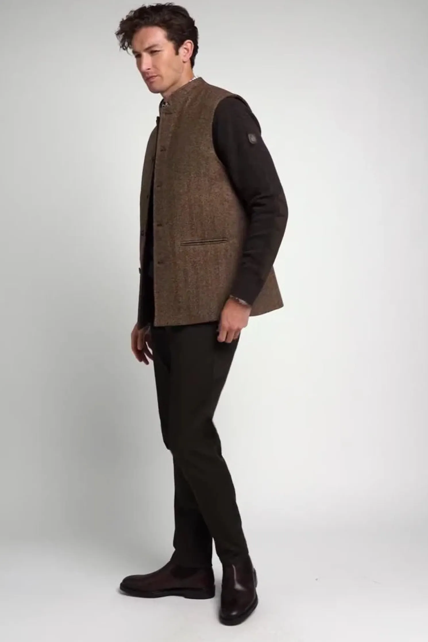 Nehru Gilet (Large Scale Brown Herringbone)