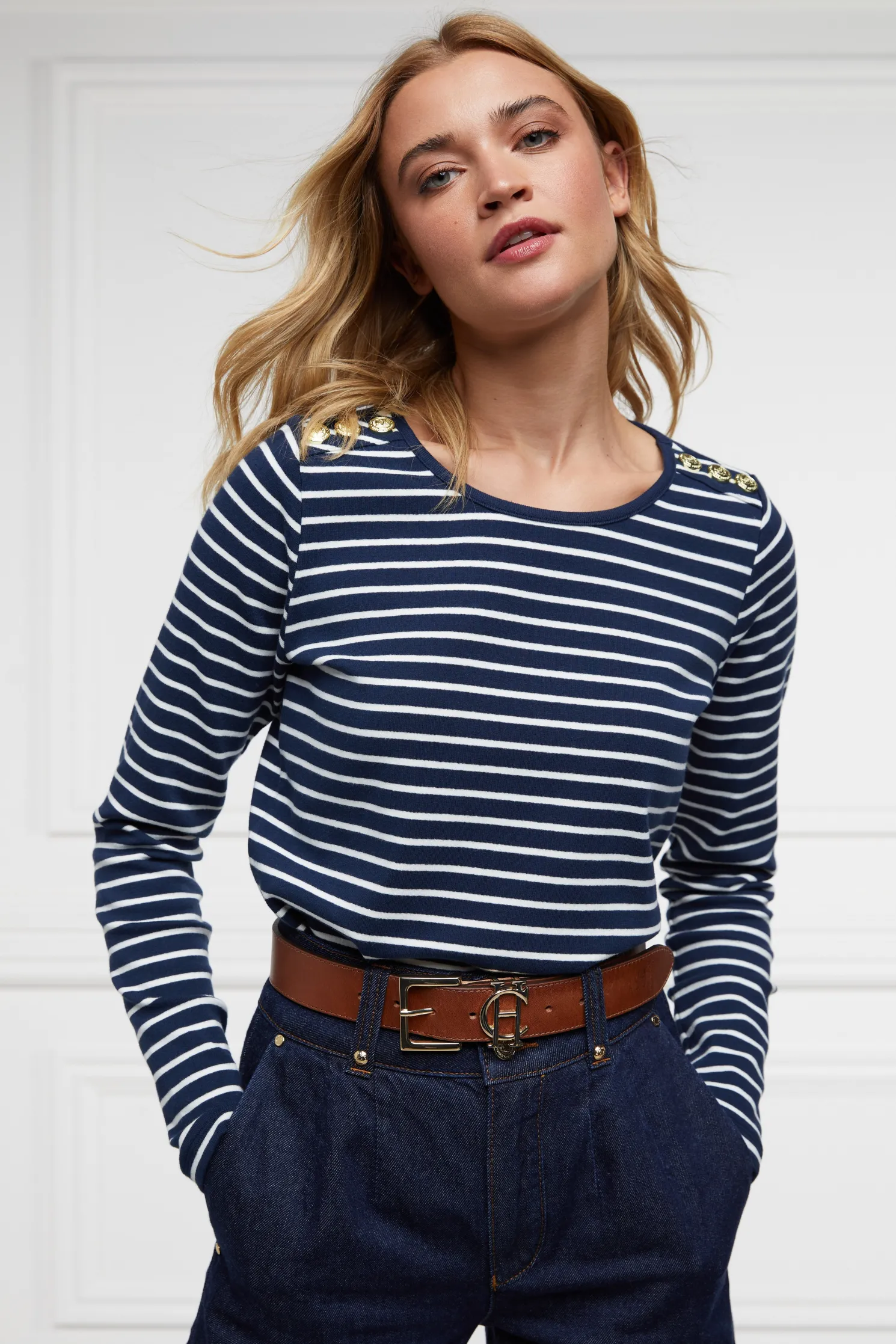 Padstow Long Sleeve Crew Neck Tee (Ink Navy Natural Stripe)