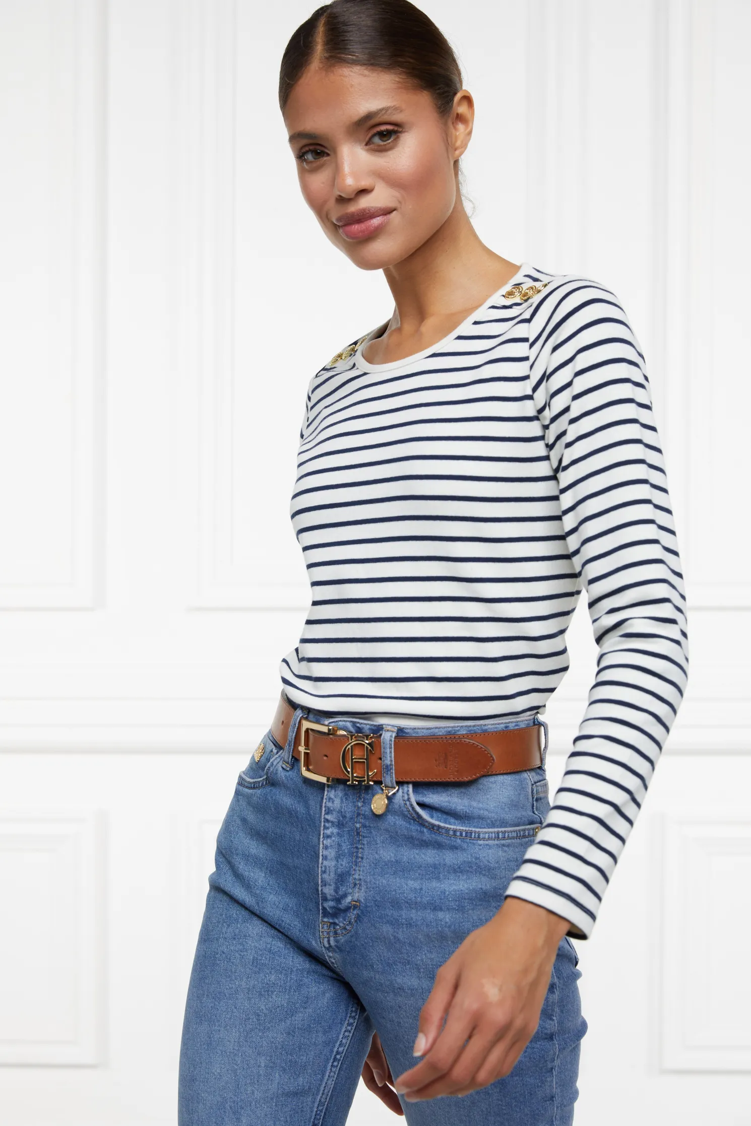 Padstow Long Sleeve Crew Neck Tee (Natural Ink Navy Stripe)