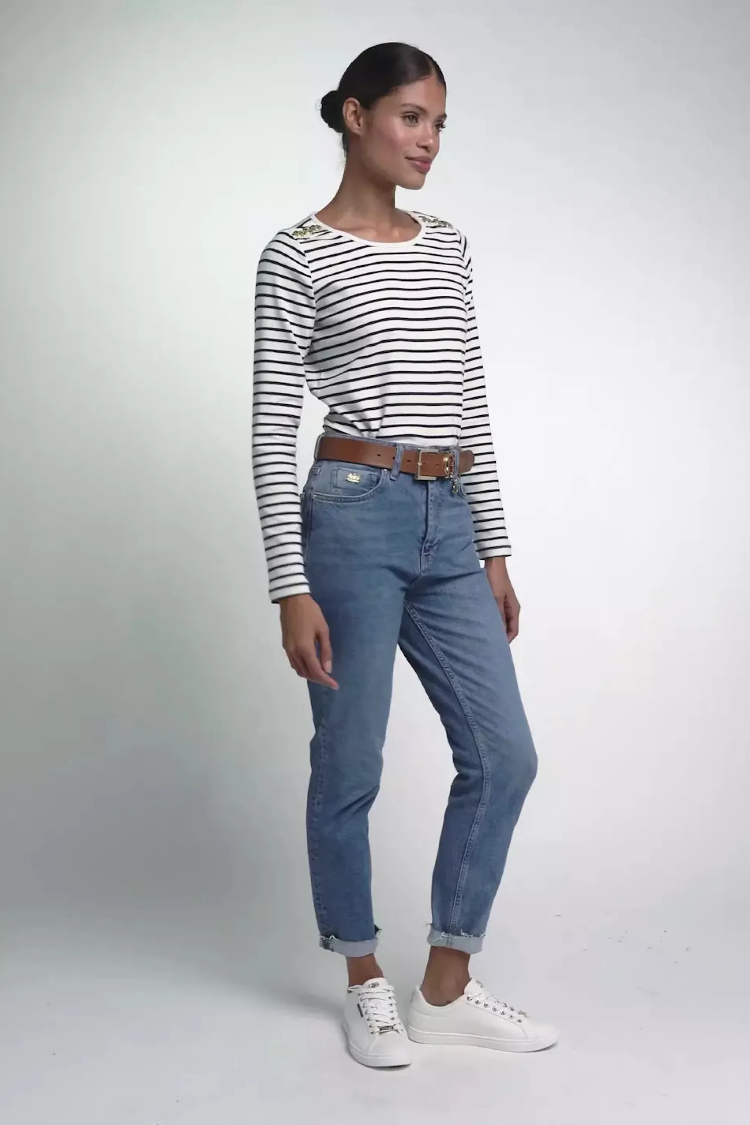 Padstow Long Sleeve Crew Neck Tee (Natural Ink Navy Stripe)