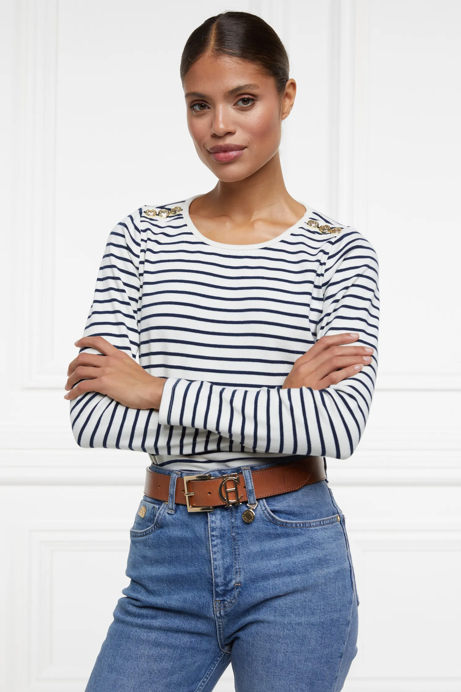Padstow Long Sleeve Crew Neck Tee (Natural Ink Navy Stripe)