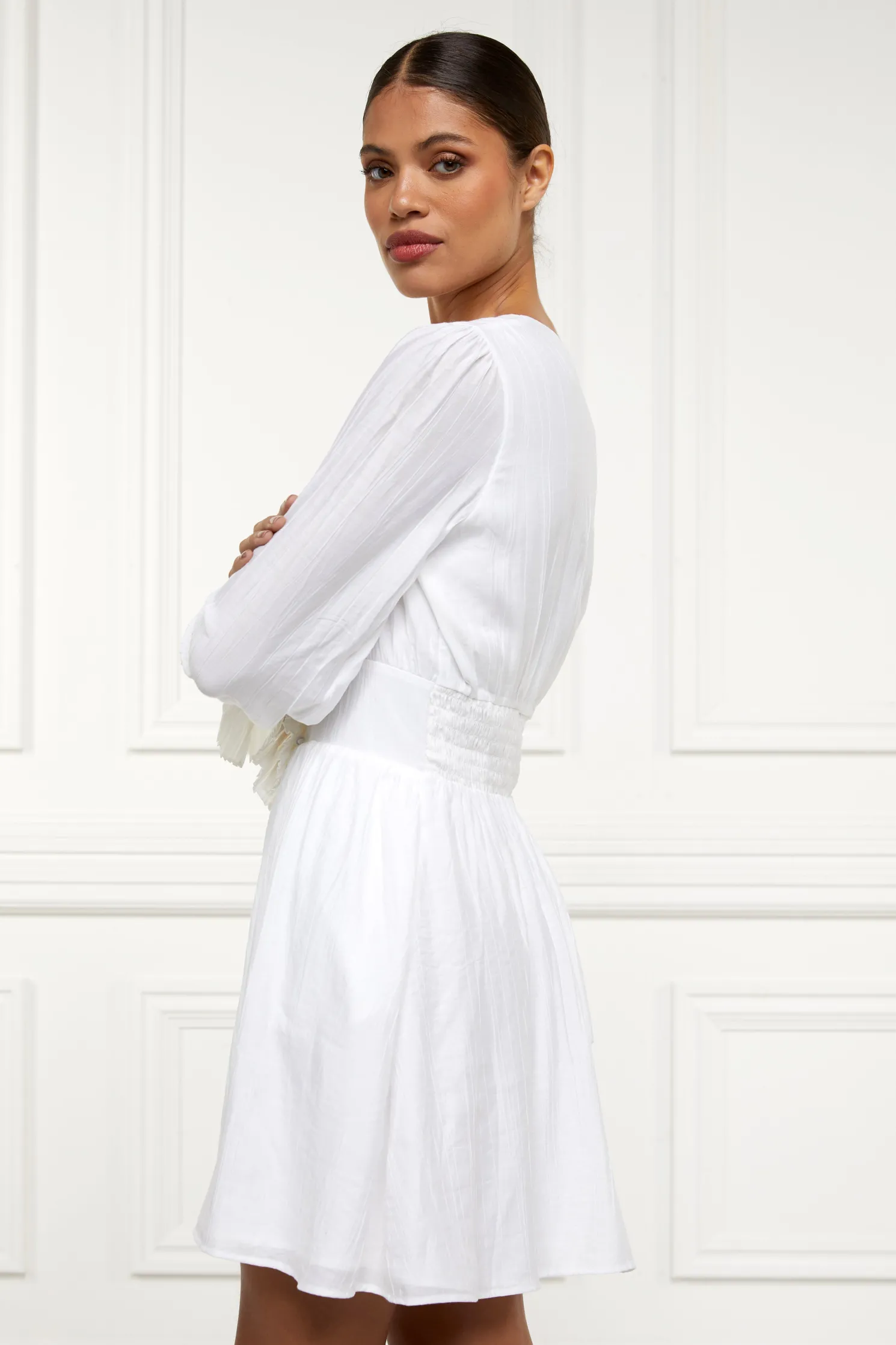 Phoebe V-Neck Mini Dress (White)